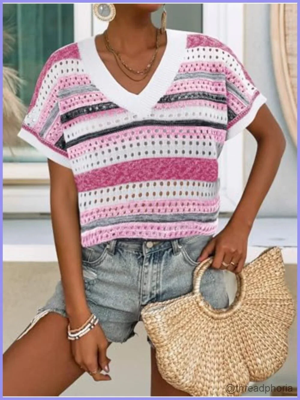 Crochet Knit Sweater 55% Acrylic 45% Cotton Short Sleeve V-Neck